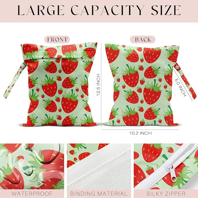 Wet Bag, Wet Dry Bag, Waterproof Swim Bags, Machine Washable Reusable Bags for Beach, Pool, Diapers, and Dirty Yoga Gym Clothes(Green & Red Strawberry Print