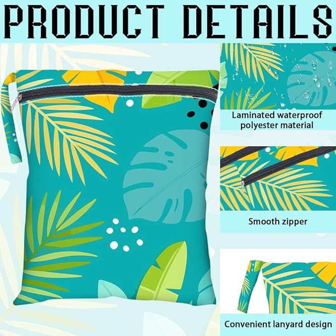 2Pcs 2 Sizes Tropical Dry Bag Wet Bag Swimsuit Green Plam Leaf Pattern Polyester Waterproof Sandproof Reusable Storage Zipper Pouches for Friends Swimsuit Travel Dirty Diaper Clothes Gifts