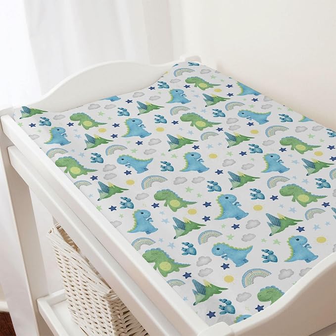 Dinosaur Rainbow Diaper Changing Pad Cover Sheets for Boy Girl 32''x16'' Cartoon Dino Sun Star Cactus Mountain Unisex Fitted Change Table Pad Covers Comfort Soft Breathable Baby Changing Table Mats