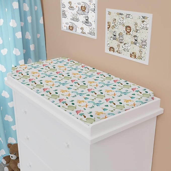 Colorful Dinosaurs Changing Pad Cover Cute Cartoon Dinosaurs Jungle Plam Leaves Diaper Change Table Pad Cover for Boys Girls Soft Breathable Stretch Fitted Changing Mat Sheets 32''x16''