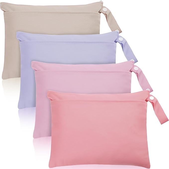 Shappy 4 Pieces Wet Dry Bag for Baby Cloth Diapers Wet Diaper Bag Washable Travel Bags Reusable with 2 Pockets for Pool Yoga Gym Travel Beach Swimwear Clothes(Pink & Purple)