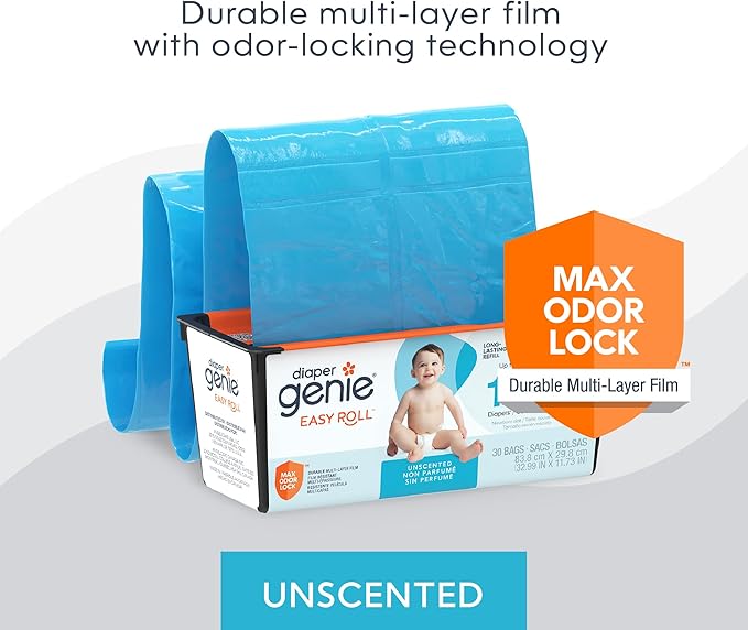 Diaper Genie Easy Roll Refill, 30 Bags Per Refill, Holds Up to 1410 Newborn Diapers| Odor Control| Diaper Pail-Bags, Fits-Genie Signature & Platinum Pails, (Pack of 2)