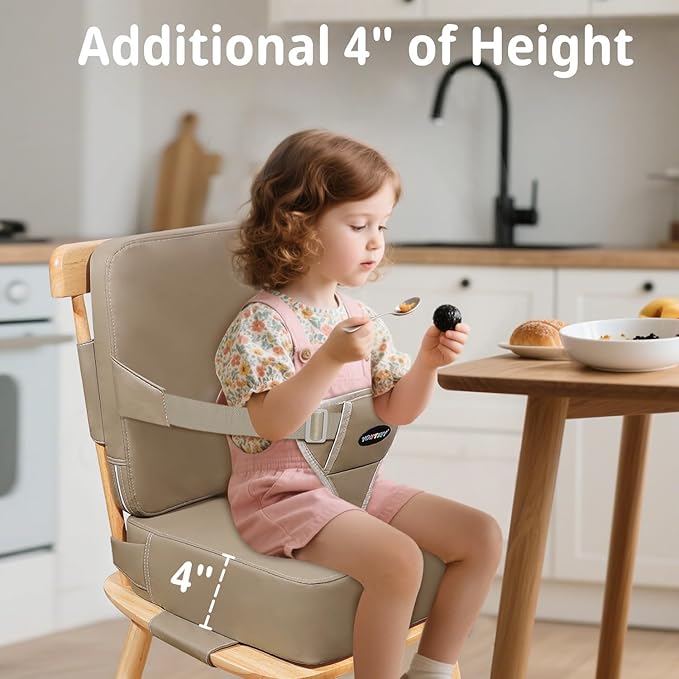 Toddler Booster Seat for Kitchen Chair with Removable Backrest & Adjustable Straps, PU Portable Waterproof & Non-Slip Booster Seat for Dining Table, Travel Child Eating Cushion - Dark Coffee