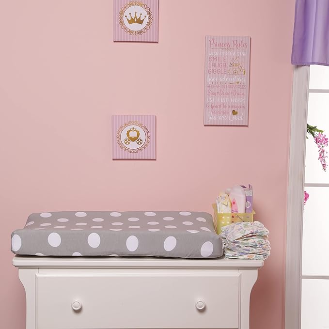 EVERYDAY KIDS 2 Pack Baby Changing Pad Covers for Baby Girl – Fits Most Changing Table Pads; 100% Cotton Jersey Knit, Breathable, Soft Changing Table Topper – Gray, White Dots and Pink. White Hearts