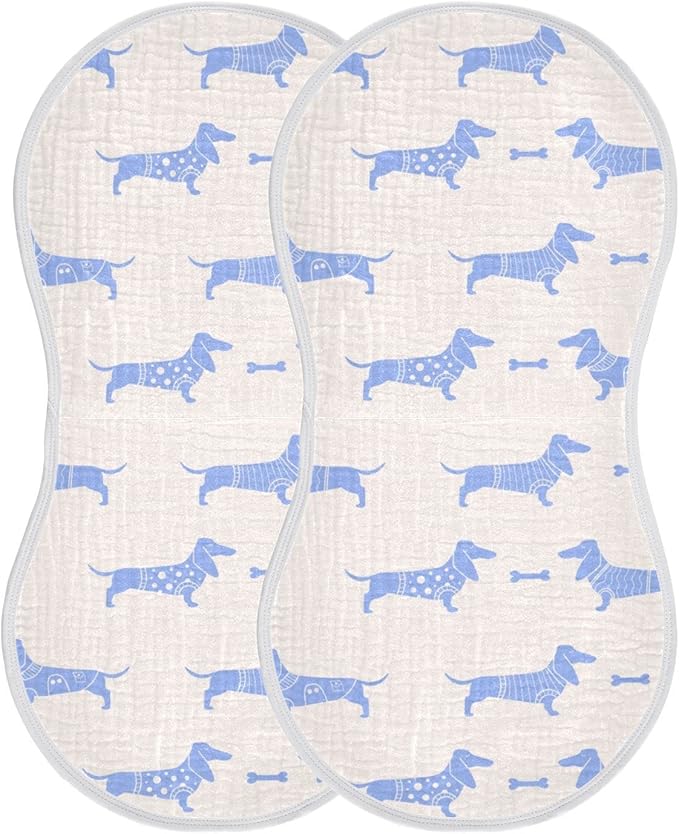 Cute Dachshund Dog and Bone Pattern Muslin Burp Cloths for Baby 2 Pack 100% Cotton Baby Washcloths Bibs for Boy Girl