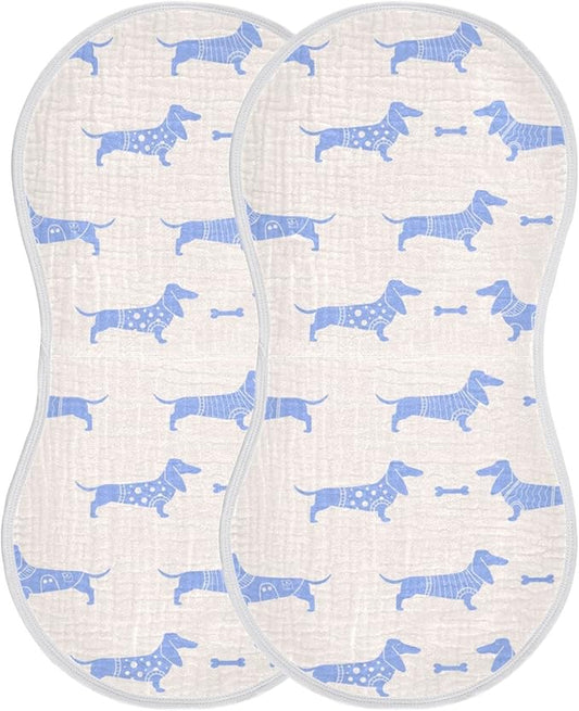 Cute Dachshund Dog and Bone Pattern Muslin Burp Cloths for Baby 2 Pack 100% Cotton Baby Washcloths Bibs for Boy Girl