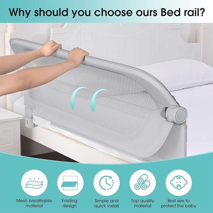 NUTIKAS Baby Bed Rail Guard for Toddlers - 70" Toddler Bed Rails for Twin, Full, Queen, King Bunk Size Bed Swing Down Bedrail Extral Tall Child Safety Side Railing Guards for Kids Gray