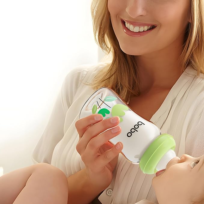 YOHKOH Natural Glass Baby Bottle with Level 1 Slow Flow Nipple, Newborn Anti-Colic Baby Bottles, Wide Neck Mushroom Baby Glass Bottle (Green, (5.4oz (Pack of 2))