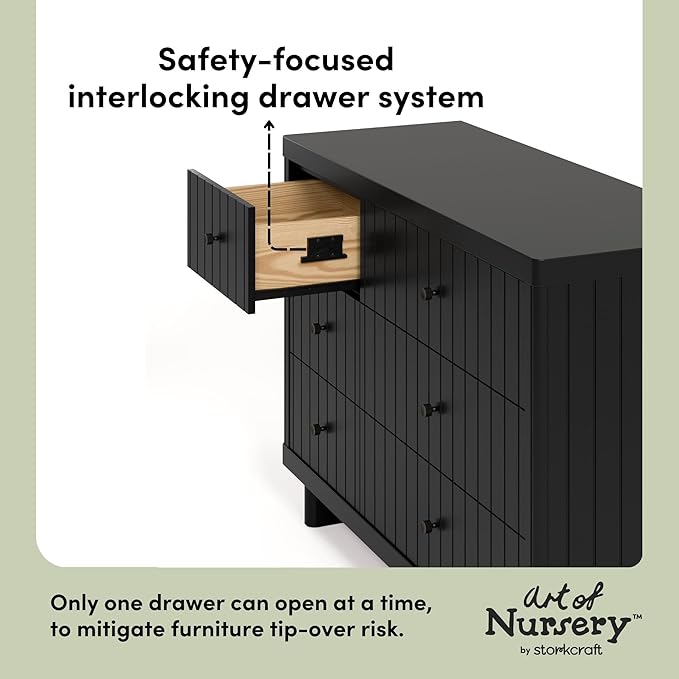 Storkcraft Kyoto 6 Drawer Dresser (Black) - GREENGUARD Gold Certified, Sturdy Wood Dresser for Nursery & Kids' Bedroom, Safety Interlocking Drawer System, and Easy Assembly with Pre-Installed Tracks