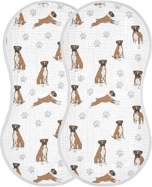 2 Pack Muslin Burp Cloths Boxer Dogs White Cotton Baby Burp Cloths Ultra Absorbent and Soft Burping Cloth for Baby Boys Girls 22x11 Inch