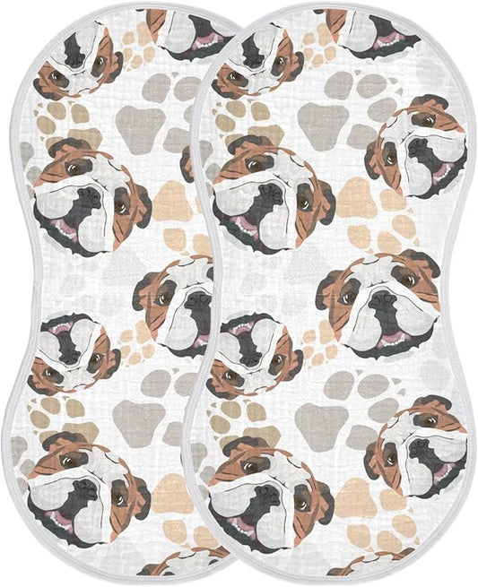 Muslin Burp Cloths for Baby Boys and Girls - 2-Pack Ultra Absorbent English Bulldog Muslin Washcloths, Newborn Towel, Milk Spit Up Rags, Burp Cloth Bibs for Unisex, 22 x 11 Inch