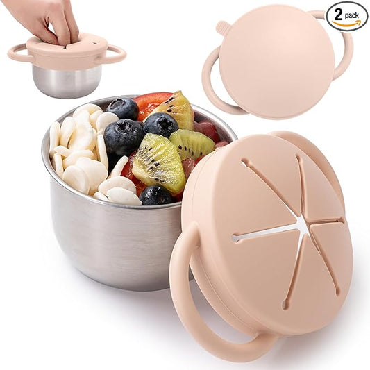 Bufilea 1 Pack Snack Containers for Toddlers, Stainless Steel Toddler Snack Cups with Silicone Food Catcher & Lids,Snack Cups for toddlers Spill Proof