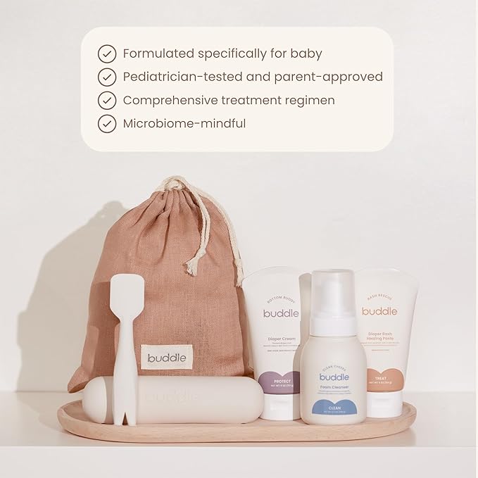 Buddle Diaper Rash, 4-Piece Kit, 40% Zinc Oxide Ointment, Diaper Cream, Foam Cleanser & Paddle Pal Silicone Spatula Applicator