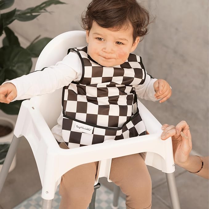 Tiny Twinkle Mess Proof Baby Bib for Boys | Waterproof Toddler Bib for Eating | Baby Apron for Feeding, Machine Washable | Perfect Shower Gift (Black Checkers, 2-4Y)