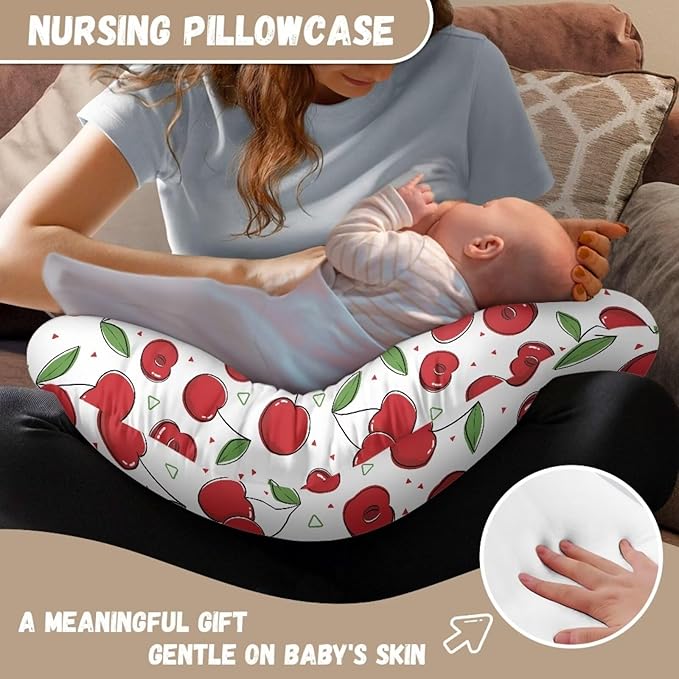 Cherry Feeding Pillow Cover Breastfeeding Pillow Covers for Breastfeeding Mom Soft Nursing Pillow Case Skin-Friendly U-Shaped Hidden Zipper Design