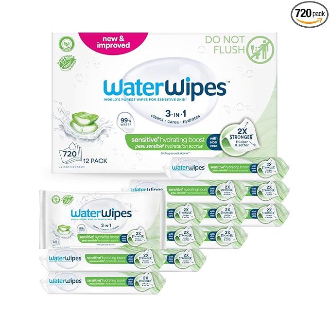 WaterWipes Hydrating Clean Baby Wipes, 99% Water-Based Formula with Aloe Vera to Hydrate & Clean Skin, Unscented & Hypoallergenic, 12 Resealable Packs (720 Wipes)