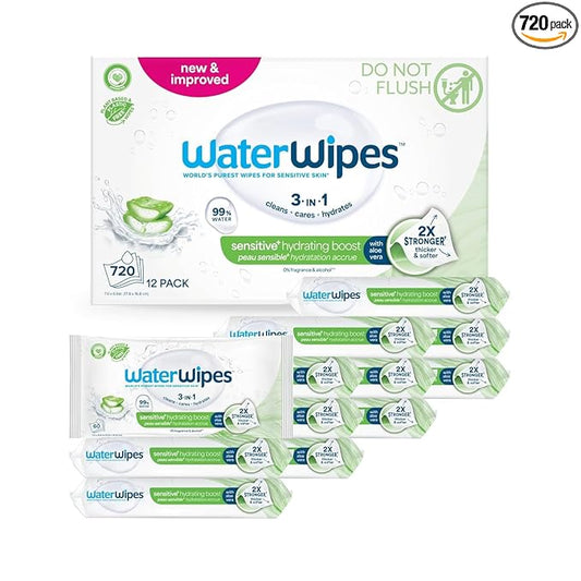 WaterWipes Hydrating Clean Baby Wipes, 99% Water-Based Formula with Aloe Vera to Hydrate & Clean Skin, Unscented & Hypoallergenic, 12 Resealable Packs (720 Wipes)