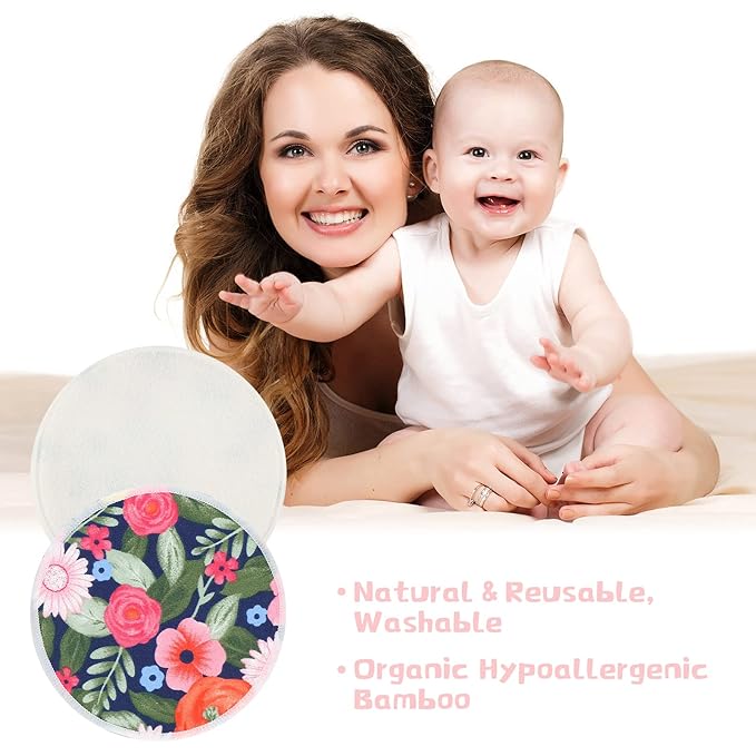 Sosation 30 Pcs Reusable Breast Pads Nursing Covers with Wet and Laundry Bag Floral Nipple Pads for Breastfeeding Mom Gift
