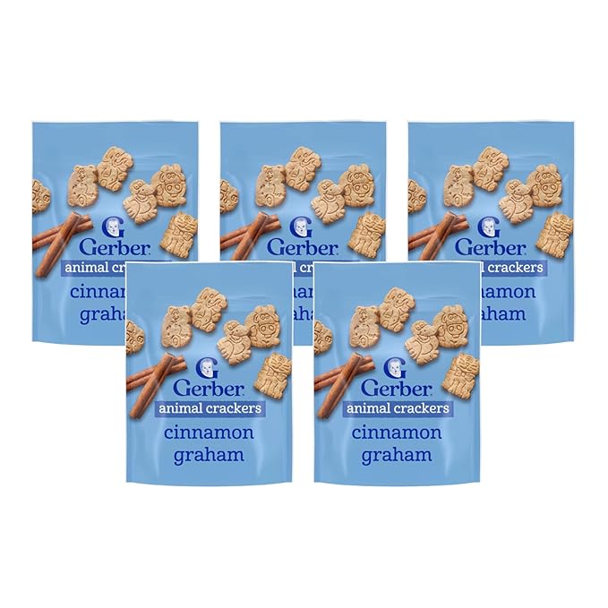 Gerber Snacks for Toddler Animal Crackers, Cinnamon Graham, Toddler Snack Baked with Whole Grains & Non-GMO Ingredients, 6 Ounce Resealable Pouch Each (Pack of 5)