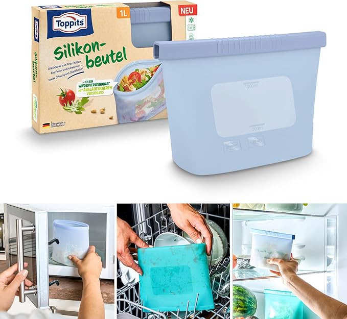 Toppits Set of 2 Reusable Silicone Bags 1 L + 1.5 L with Stand, Microwave-Safe, Dishwasher Safe