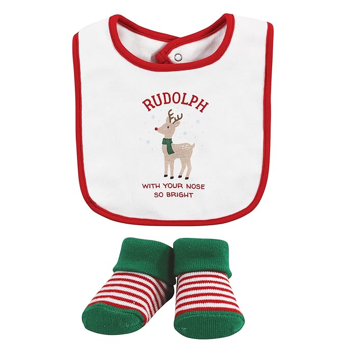 Hudson Baby Unisex Baby Cotton Bib and Sock Set, Rudolph, One Size