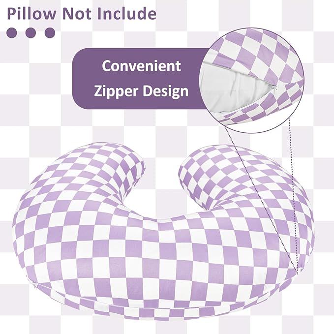 DILIMI Nursing Pillow Cover, Stretchy Removable Case for Breastfeeding Pillows, Ultra Soft Comfortable Slipcover for Baby Girl and Boy, Purple Checkered