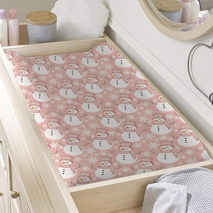 Pink and White Snowman Snowflakes Changing Pad Cover Xmas Winter Snowman Diaper Change Pad Cover Sheets for Boys Girls Soft Stretch Fitted Diaper Changing Table Mats Sheets 32''x16''