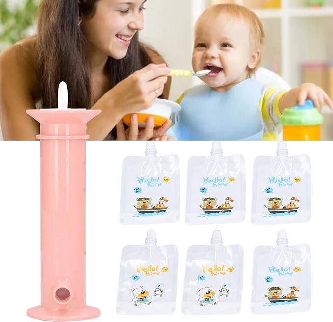 Squeeze Station, Reusable Pouch Filling Station with 6 Pouches for Infant, Babies and Toddlers, Portable Fruit Food Maker for Homemade Baby Food, Semi Solid Food ()