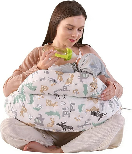 Nursing Pillow for Breastfeeding,Ergonomic Baby Feeding Pillows with Removable Washable Cotton Slipcover, Adjustable Waist Strap,Plus Size,More Support for Mom and Baby(Nordic Animal World)