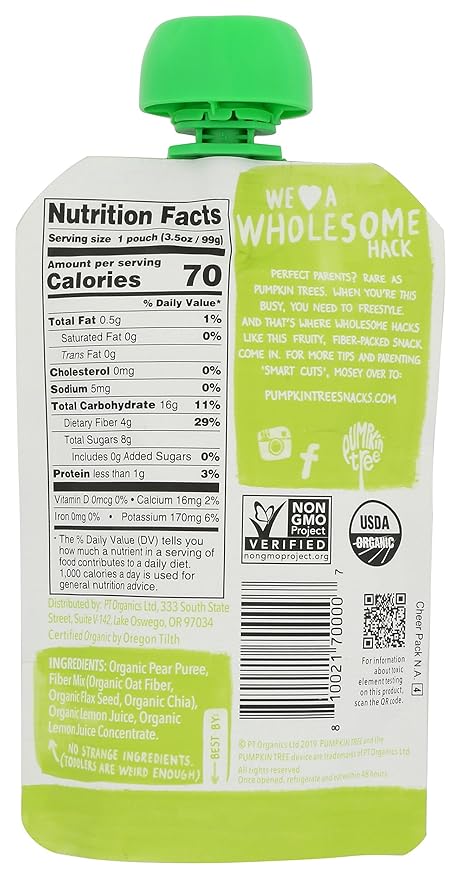 PUMPKIN TREE Organic Pear Puree With Oat Fiber And Seeds, 3.5 OZ