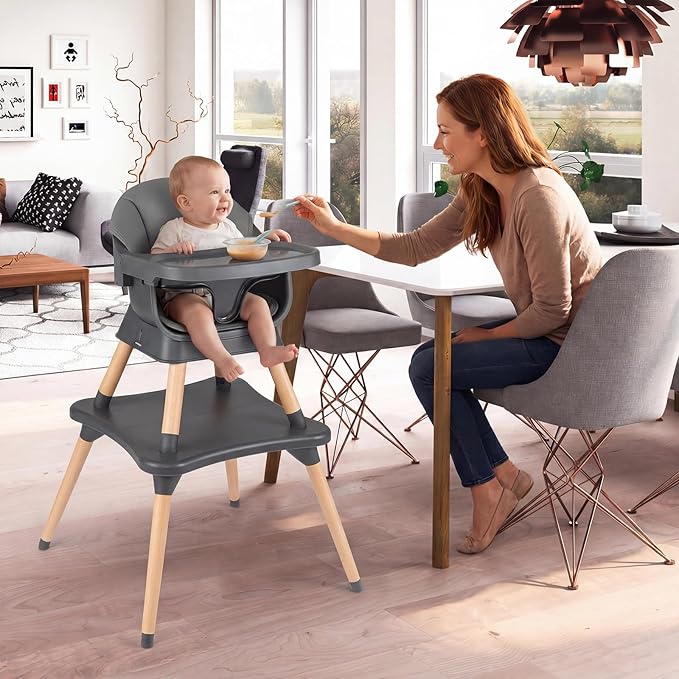 HONEY JOY 9-in-1 Baby High Chair, Convertible Wood Highchair for Babies and Toddlers/Dining Booster Seat/Table & Chair Set, Toddler Stool w/5-Point Safety Harness, Removable Cushion & Tray (Dark Gray)
