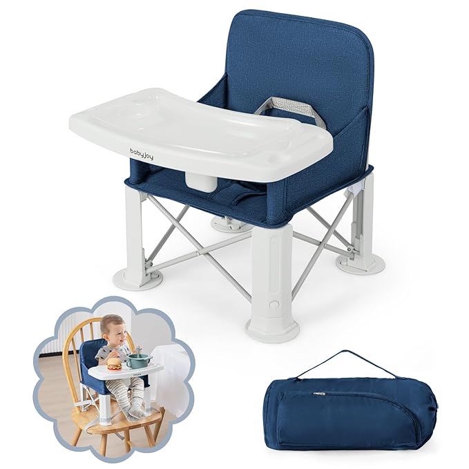 BABY JOY Travel Booster Seat with Double Tray, Folding Portable High Chair Booster Seat for Dining Table, Indoor/Outdoor Use, Camping, Beach, Lawn, Compact Baby Seat with Straps & Carrying Bag (Blue)
