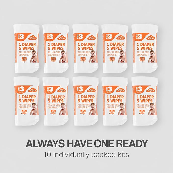 Pocket-Sized Travel Diaper Kit (Size 3, 16–28 lbs) – 10-Kit Value Pack | 1 Diaper, 5 Wipes & Odor-Lock Disposal Bag | Baby Travel Essentials for Airport & On-the-Go