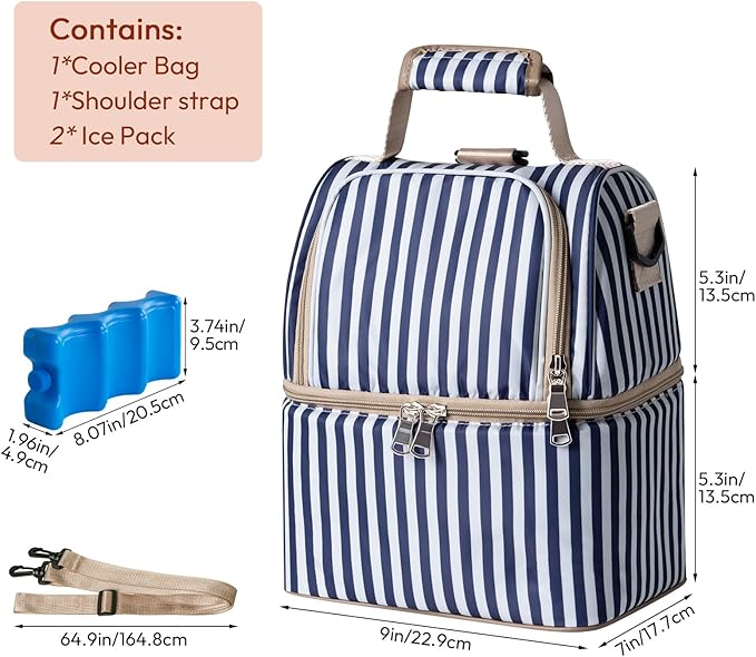 NCVI Breastmilk Cooler Bag with 2 Ice Pack, Breast Pump Bag with Cooler Fits 6 Bottles, Double Layer Breast Milk Baby Bottle Cooler Bag, for Travel, Nursing Mom Daycare, Work, Picnic (Stripe)