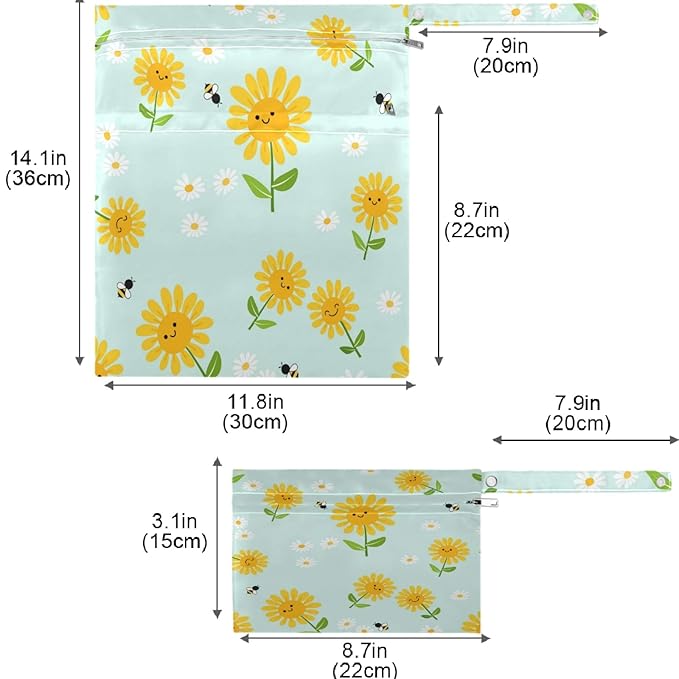 visesunny Sunflower Bee Daisy Green Leaf 2Pcs Wet Bag with Zippered Pockets Washable Reusable Roomy for Travel,Beach,Pool,Daycare,Stroller,Diapers,Dirty Gym Clothes, Wet Swimsuits, Toiletries