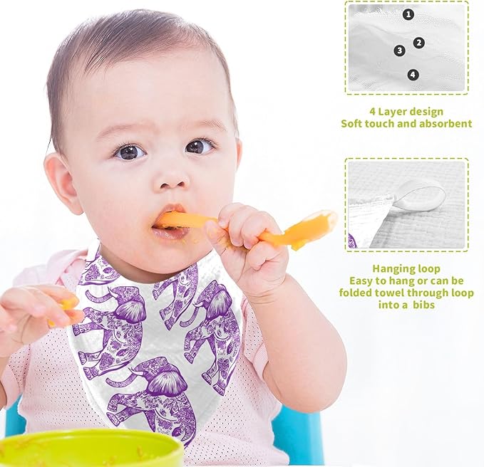 vvfelixl Baby Muslin Washcloths Purple Outline Elephant Baby Burp Cloths Cotton Babys Face Towel for Newborn Infants Boys Girls Soft and Absorbent 11.8 X 11.8 in, 3 Pack