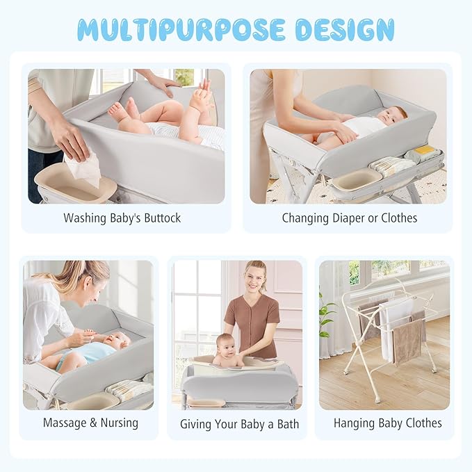 BABY JOY Portable Baby Changing Table, Foldable Diaper Changing Station w/Wheels, Adjustable Height, Large Storage Rack, Water Basin, Safety Belt, Mobile Nursery Organizer for Newborn Infant (Gray)