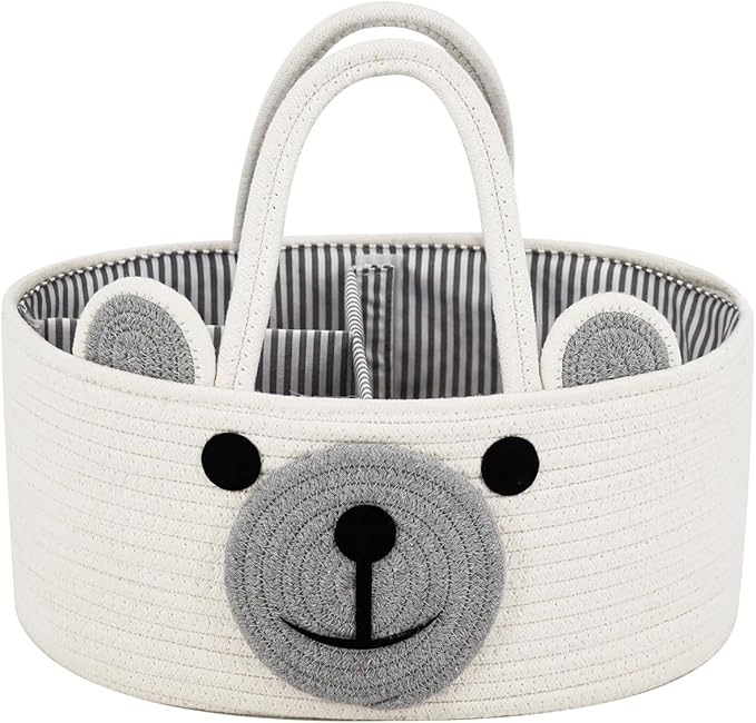 Home & Tots Baby Diaper Caddy Organizer, Cotton Rope Nursery Storage Basket for Diapers, Wipes & More, Gift for Baby Shower, Portable Organizer for Changing Table, Bear Design (Large Size - White)