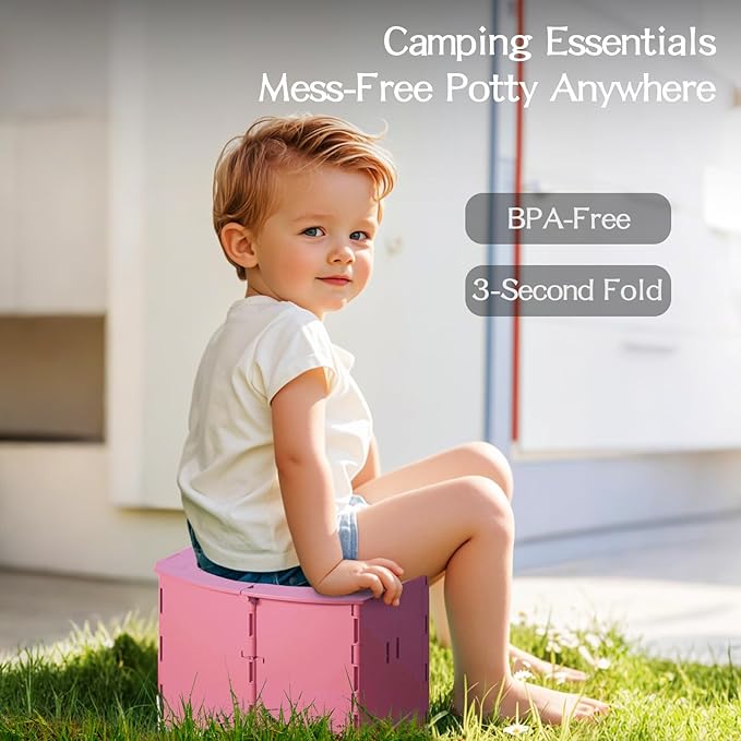 Portable Potty Seat for Toddler Foldable Travel Potty Training Toilet Seat with Cleaning Bags Reusable for Outdoor Camping, Travel, Kids Toddler Travel Potty Seat (Pink)