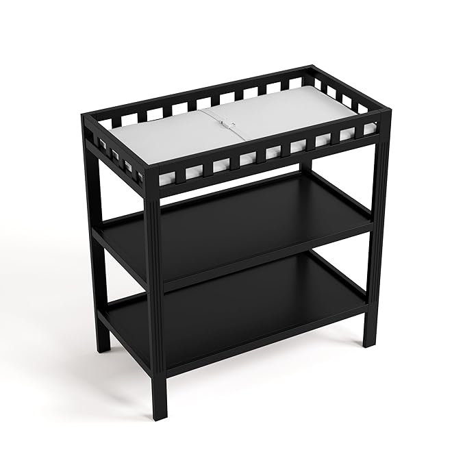 Storkcraft Morningside Changing Table (Black) – GREENGUARD Gold Certified Baby Changing Table, Includes Waterproof Diaper Changing Pad, Easy 30-Minute Assembly, 2 Open Shelves for Storage