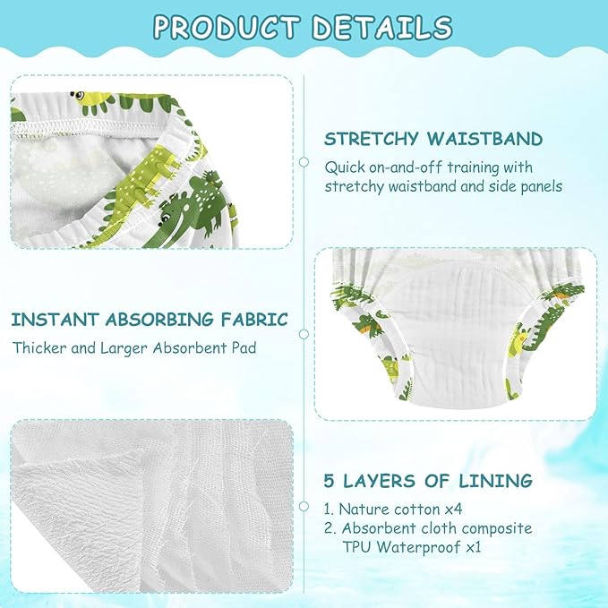 Toddler Potty Training Underwear Cartoon Green Crocodile Cotton Absorbent Toilet Training Pants for Boys Girls 2T-5T