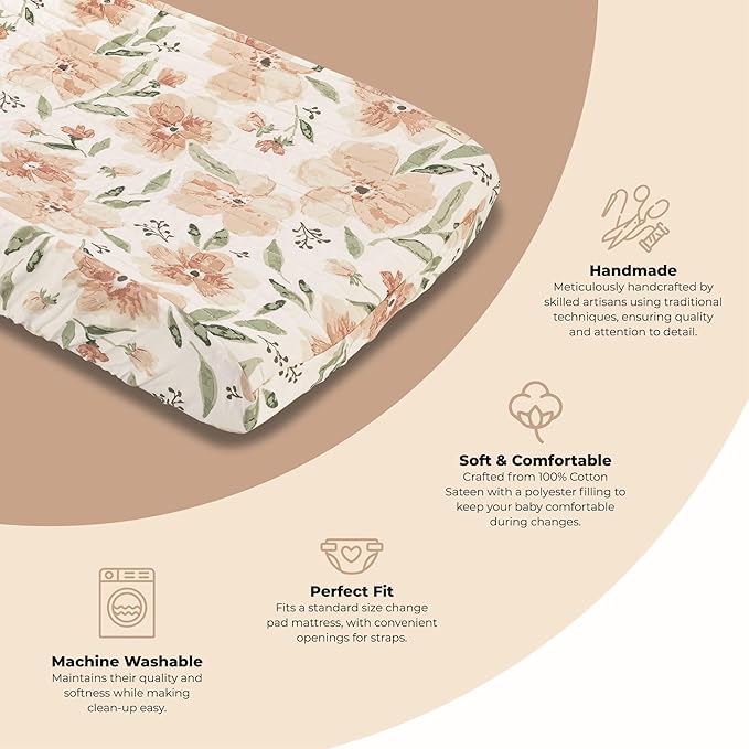 Crane Baby Changing Pad Cover, 100% Cotton Sateen Exterior, Pink Nursery Decor, Pink Floral Baby Changing Table Pad Cover, Fits Standard 16" x 32", Floral Nursery Decor, Change Table Sheets