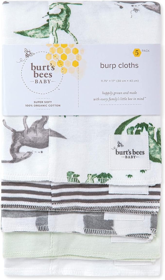 Burt's Bees Baby Organic Cotton Burp Cloths, 5-Pack, 17 x 12 Inches, Soft, Absorbent, Machine Washable, Happy Herbivores Solid Color