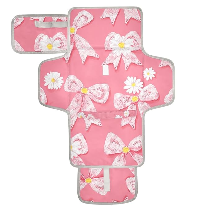 Portable Diaper Changing Pad Travel Baby Changing Mat Waterproof Diaper Changing Mat Foldable Lightweight Baby Changer with Built-in Pillow Lovely Daisies Lace Bows Pink