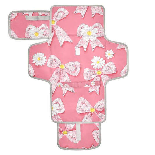 Portable Diaper Changing Pad Travel Baby Changing Mat Waterproof Diaper Changing Mat Foldable Lightweight Baby Changer with Built-in Pillow Lovely Daisies Lace Bows Pink