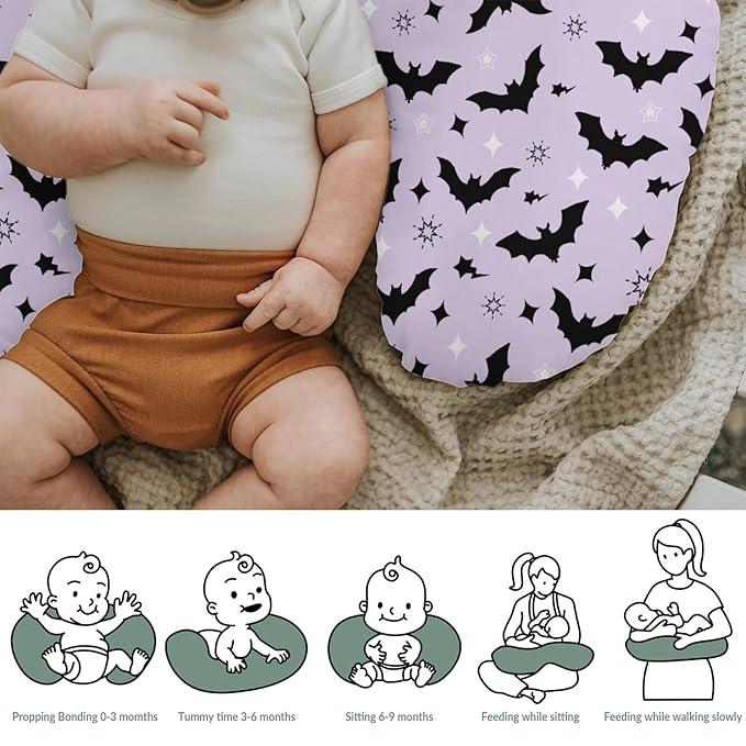 Purple Pastel Halloween Baby Nursing Pillow Covers for Boy Girl Black Bat and Stars Nursing Pillowcase for Breastfeeding Pillows Spooky Halloween Night Soft Stretchy Slipcovers for Newborn Infant