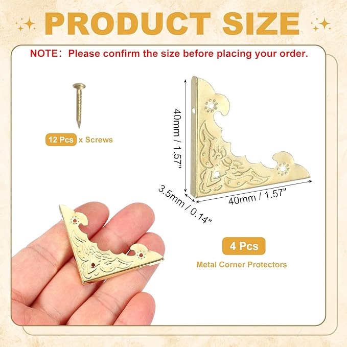 uxcell 4Pcs Decorative Metal Corner Protectors 1.6 x 1.6 x 0.15 Inch Vintage Edge Safety Guard with Mounting Nails Box Edge Guard Retro for Cabinets Furniture (Brass Yellow)