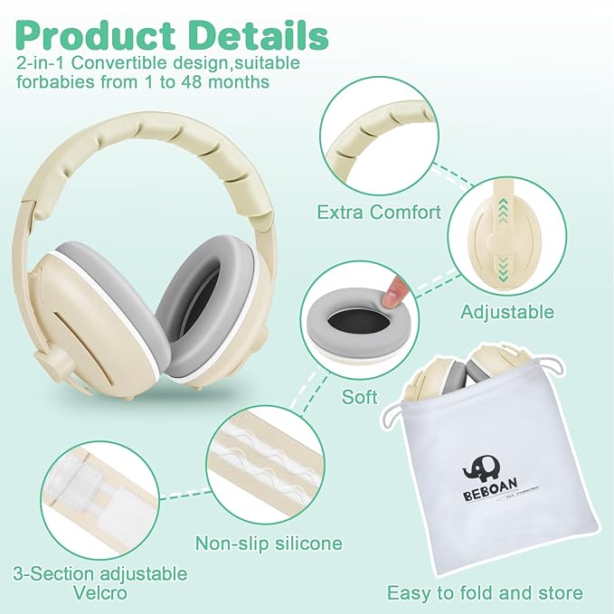 BEBOAN 2-in-1 Baby Ear Muffs Noise Protection for Babies 0-36 Months, Noise Cancelling Headphones for Baby, Infant Newborn Ear Protection Headphones for Airplane Travel, Sound Proof Headphones, Beige