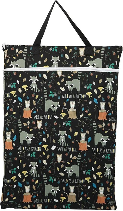 Large Hanging Wet/Dry Cloth Diaper Pail Bag for Reusable Diapers or Laundry (Raccoon)