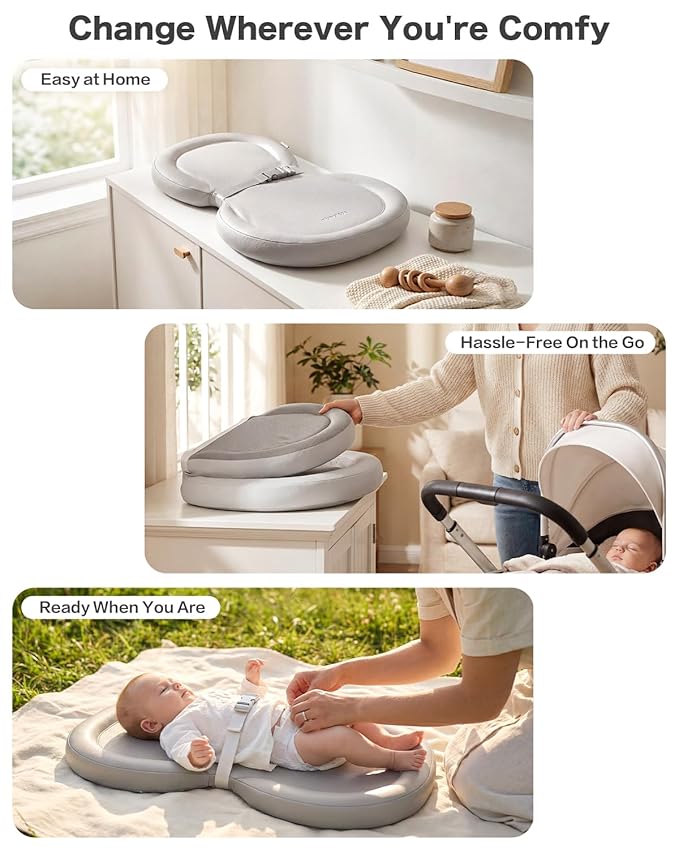 Mamatepe Baby Changing Pad, Waterproof Wipe-Clean PU Foldable On-the-Go Travel Mat, Non-Slip with Adjustable Safety Belt for Dresser & Changing Table, 30"x18", Gray